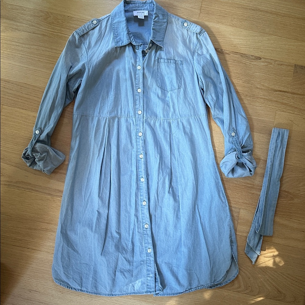 Seraphine cotton chambray belted maternity tunic dress